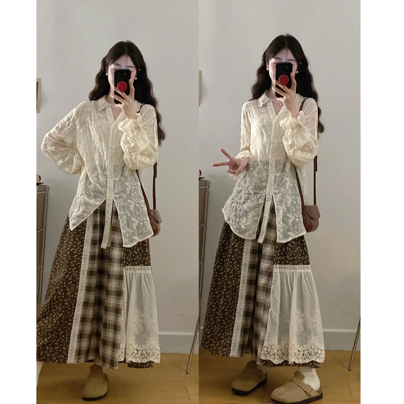 大码2025春夏蕾丝防晒衬衫韩系外搭衬衣森系田园风半身裙洋气穿搭