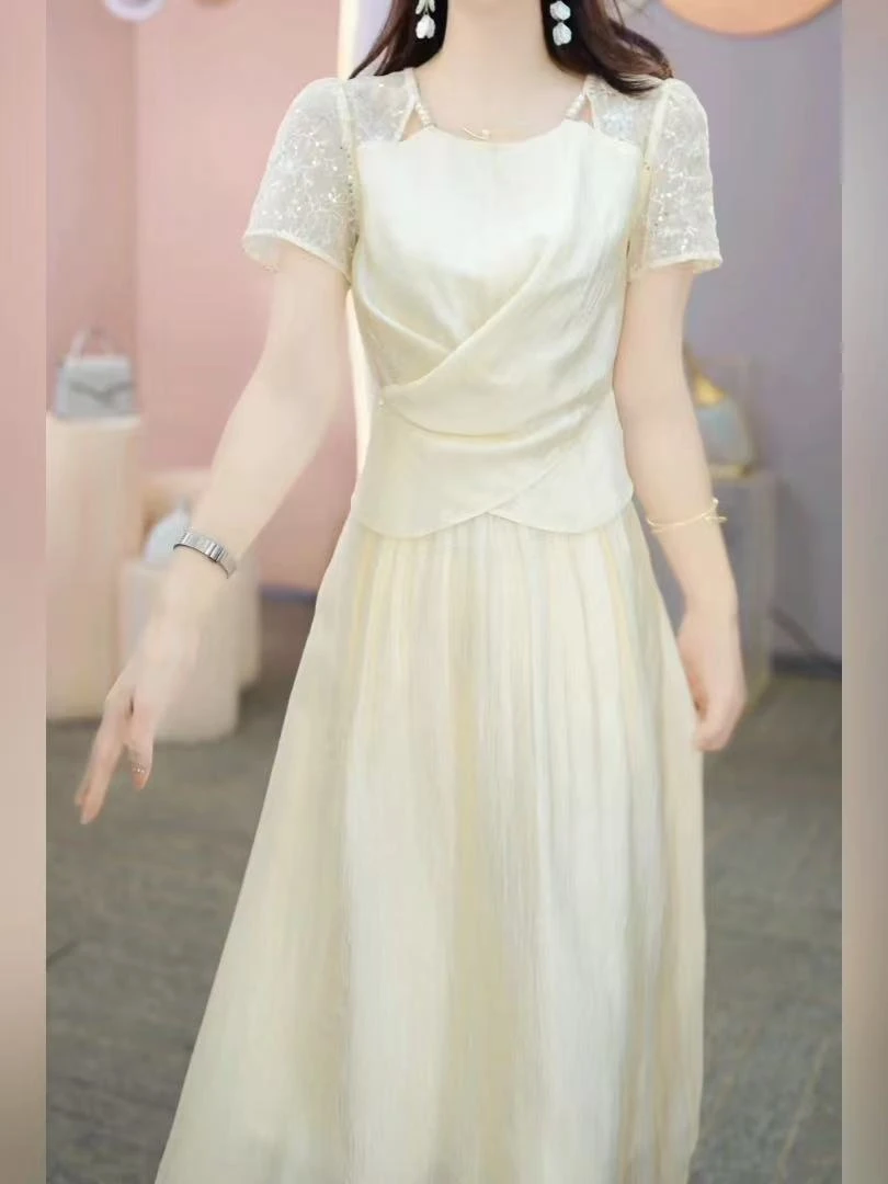 F253高档时尚连衣裙女2025夏季新款妈妈装气质百搭显瘦中长款裙子