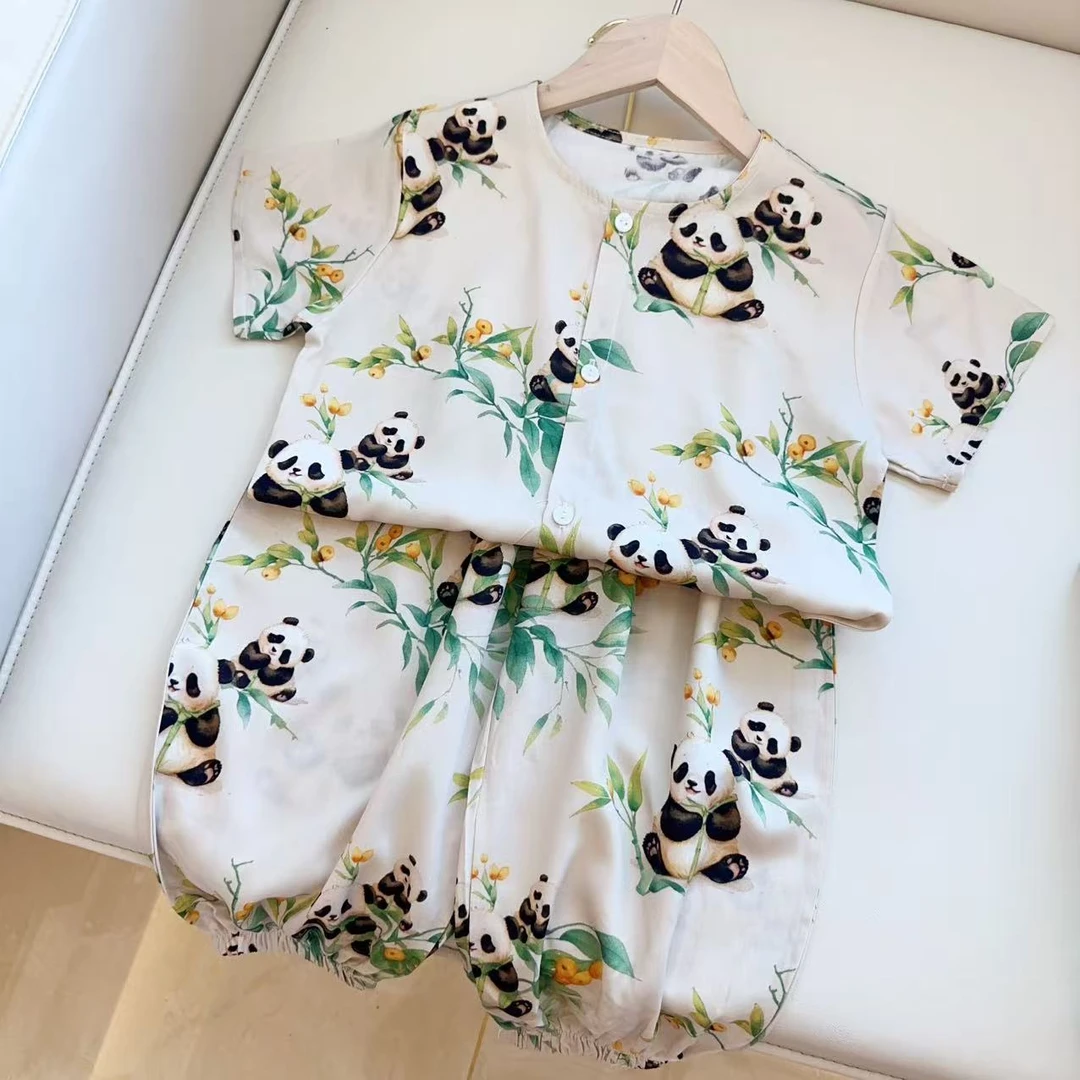 101圆领熊猫男童  25棉绸国风潮童半袖长裤灯笼裤家居服外穿套装