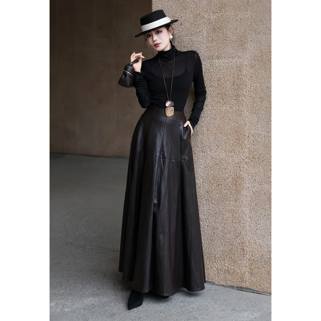 ZEROYK2025秋冬新款港风复古气质蛋白皮伞裙女高级感深咖色A字裙