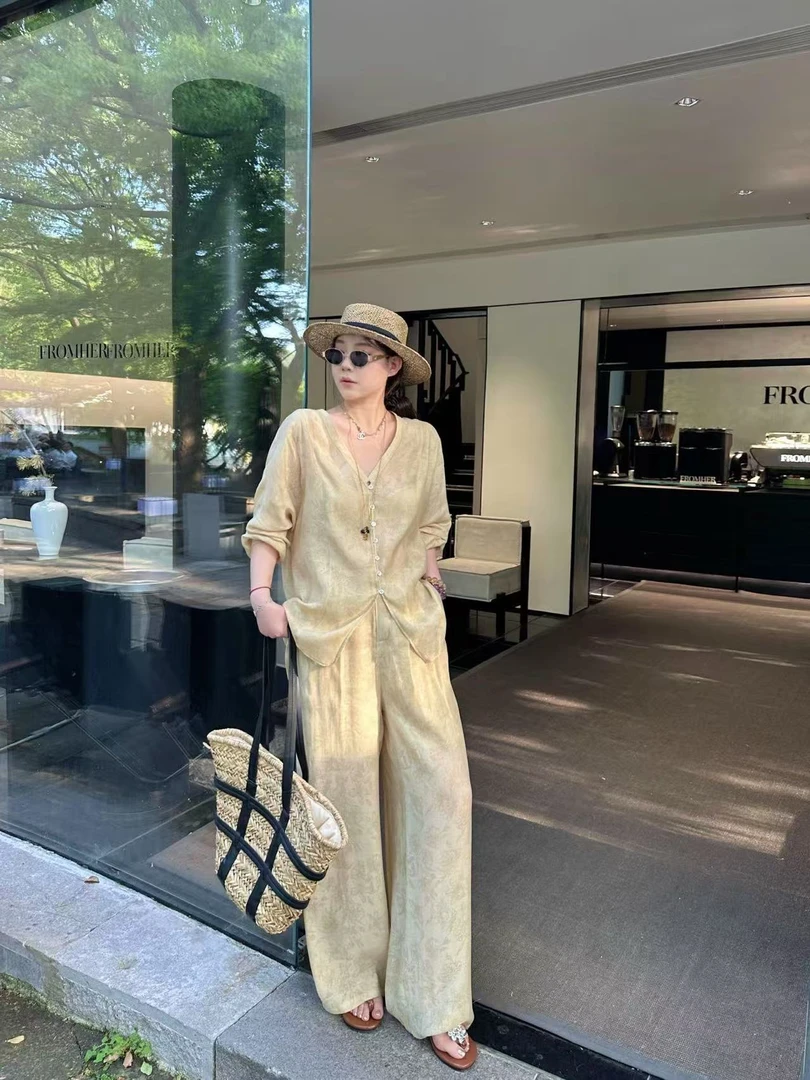 琪琪怪怪大码女装【晚风】松弛感提花防晒衬衫+阔腿裤T16854QD