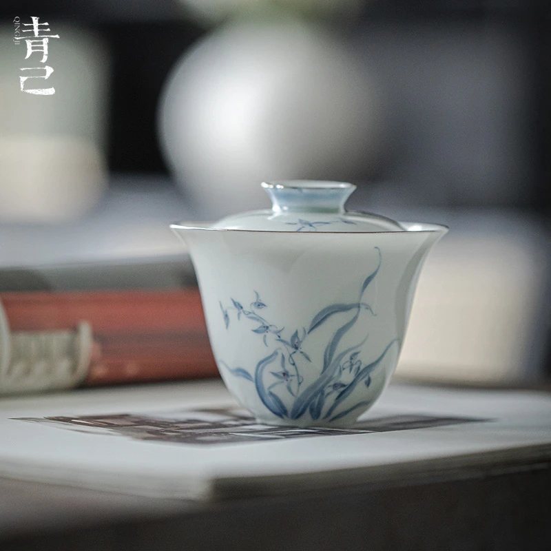 青己玉泥白瓷手绘青花盖碗 功夫茶具釉下彩家用泡茶玉兰花盖碗