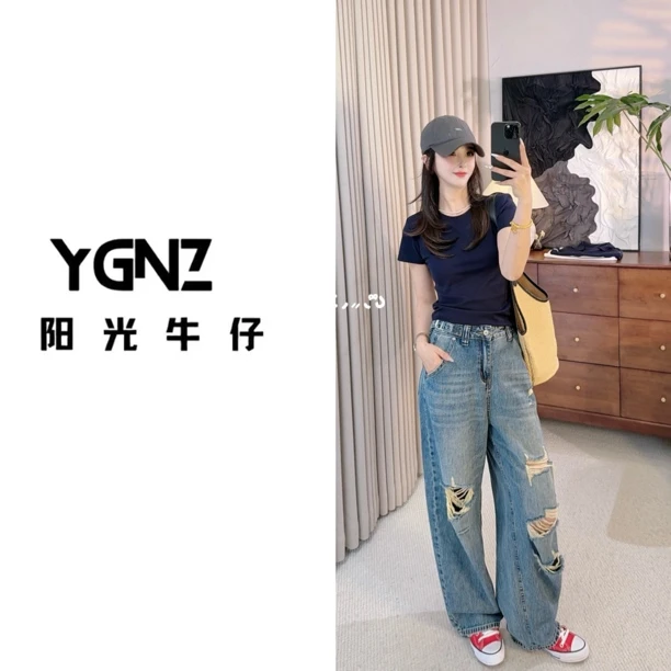 【阳光牛仔】“拽姐出街”复古美式水洗做旧扣袢设计破洞乞丐牛仔裤