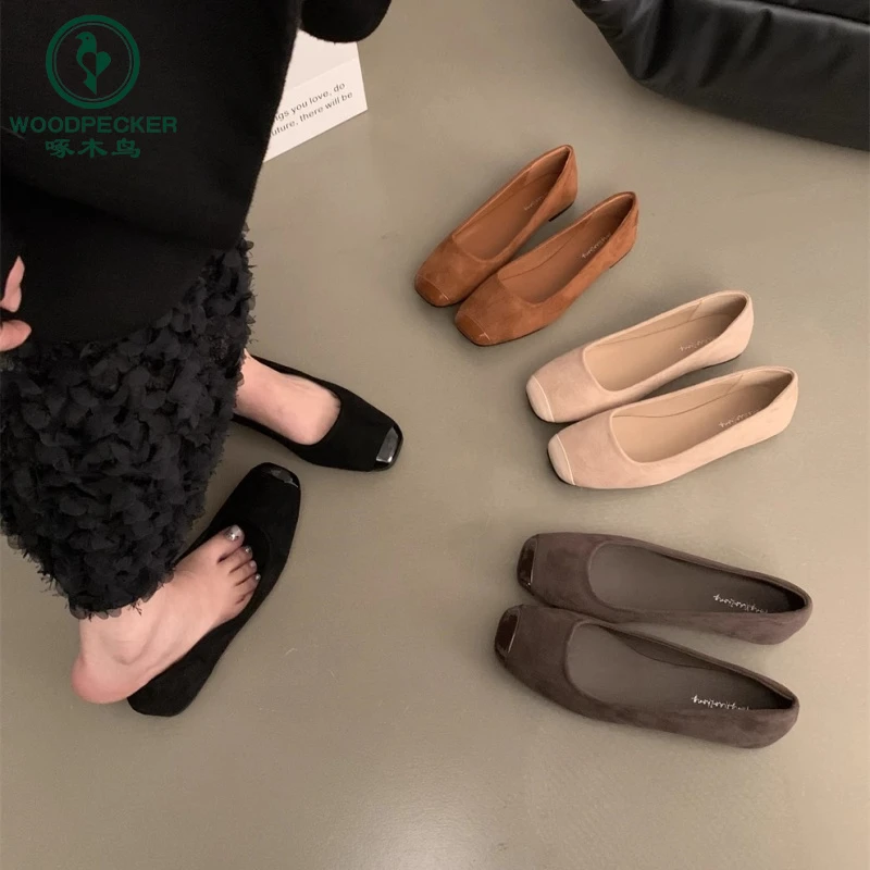 啄木鸟设计感平底瓢鞋黑色气质新中式单鞋豆豆鞋秋浅口法式女鞋子
