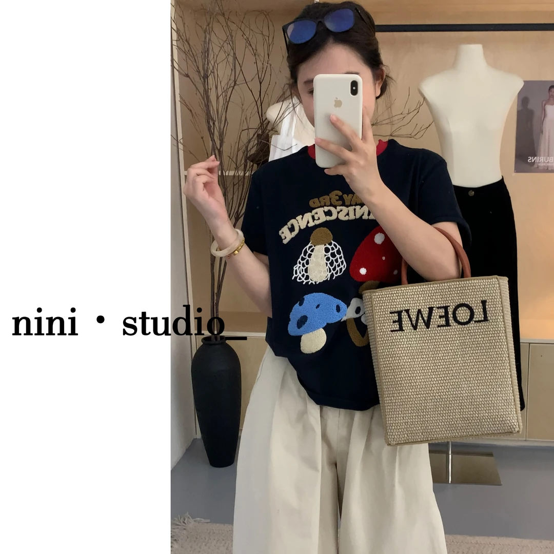 nini·重工刺绣蘑菇刺绣ins风韩系短袖T恤