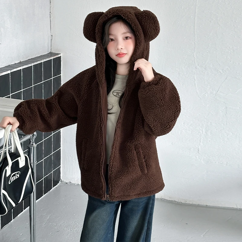 女童厚外套秋冬款2025新款儿童可爱毛毛衣连帽保暖外套流行爆款