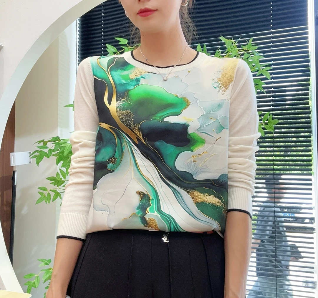 AW 25179【绿叶仙踪】桑蚕丝长袖拼接圆领长袖