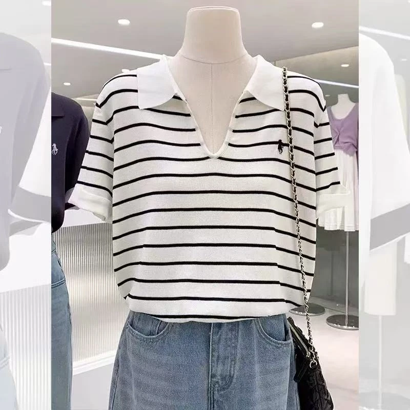 2025设计感御姐风短袖V领拼色夏季毛针织衫翻领宽松小众显瘦