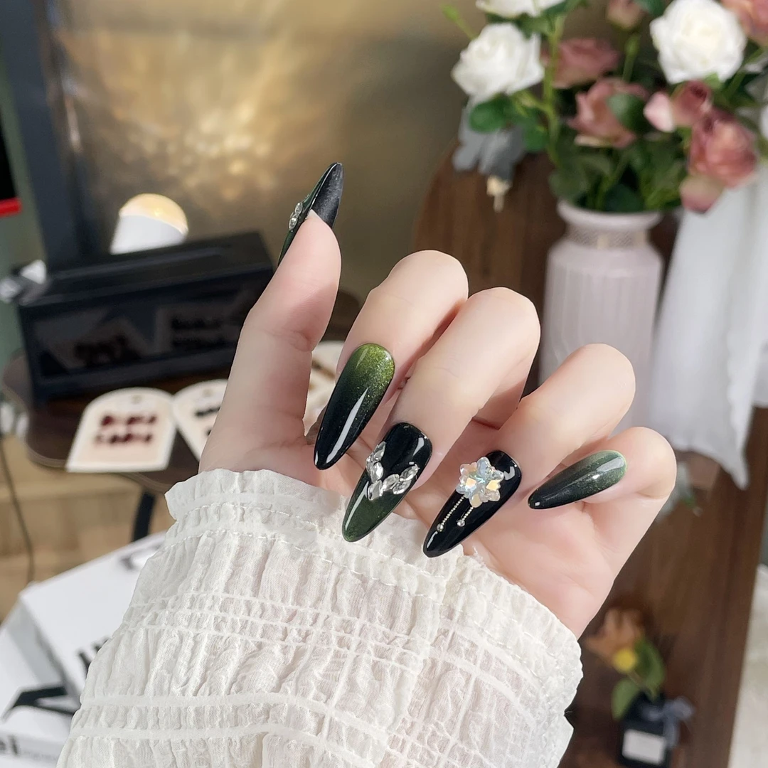 【绿光森林】墨绿猫眼美甲纯手工穿戴甲长款碎钻爆闪可拆卸美甲甲片