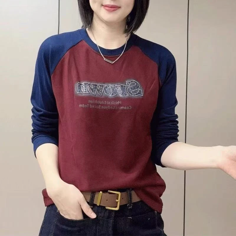 小鑫肝@现货浮力重工拼色英文印花烫钻休闲百搭T恤 5525