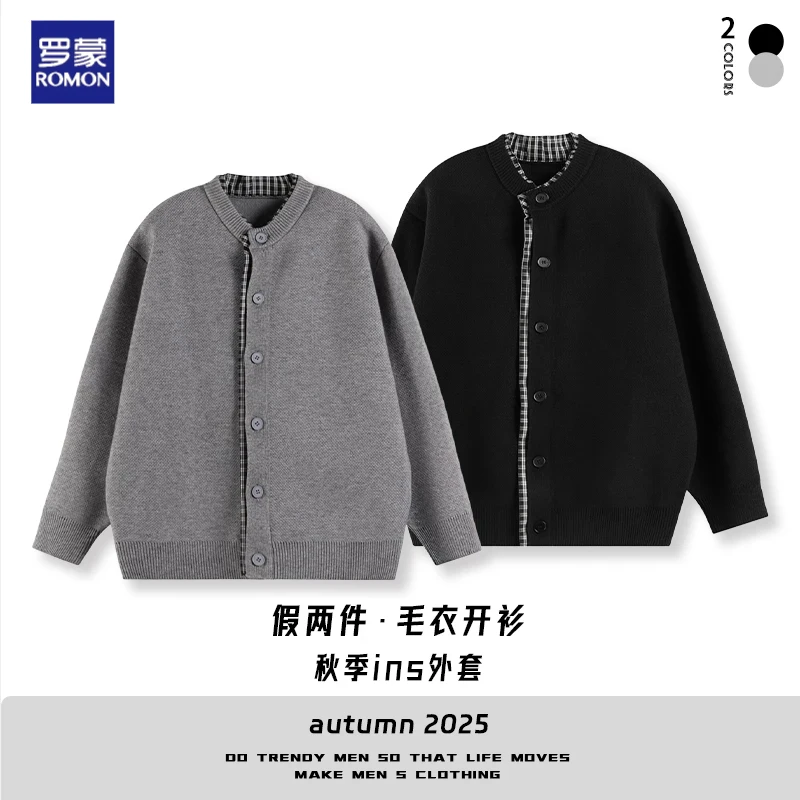 罗蒙2025秋季新款宽松休闲千鸟格圆领开衫毛衣男女情侣款时尚百搭