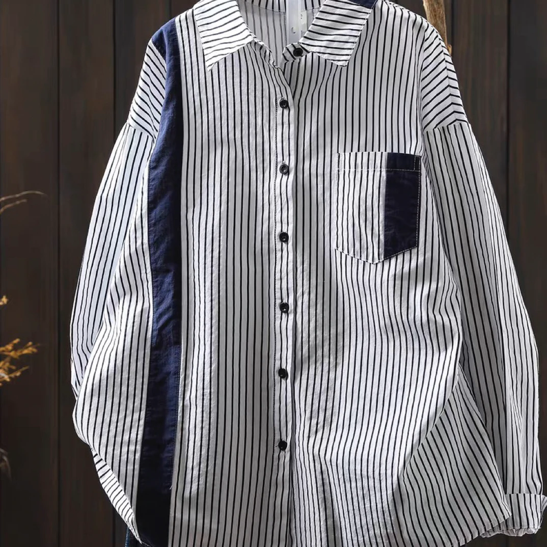 女士2025新款衬衫早秋季条纹拼接纯棉设计感小众时尚百搭长袖衬衫