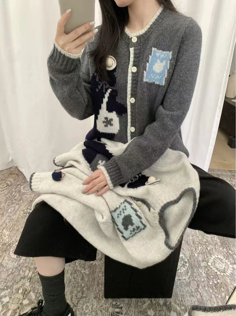 9493-3702 提花猫咪卡通落肩袖加厚慵懒风毛针织衫开衫