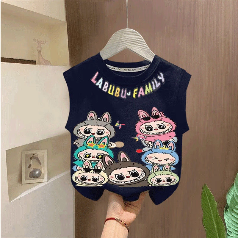 labubu新款拉布布夏季男女小中儿童背心短款无袖t恤圆领上衣休闲t