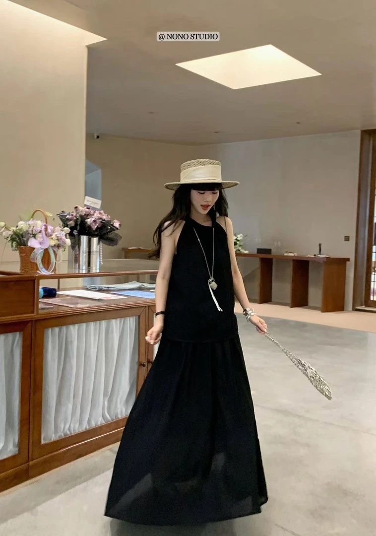 NONO@9716 韩系简约挂脖无袖背心+半身裙套装 6-11