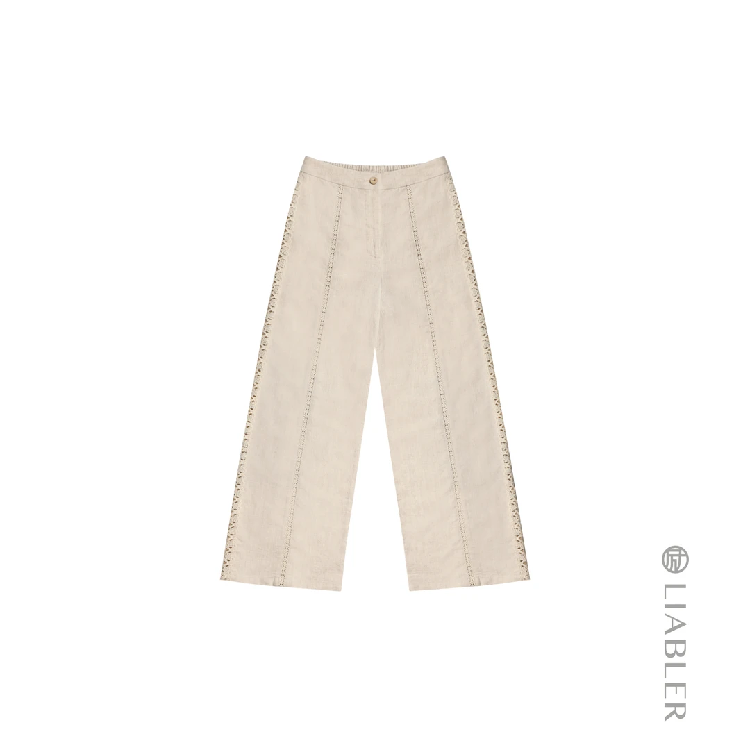 LIABLER/励 S25春夏纯色花边拼接百搭直筒长白色裤 LSS25308T
