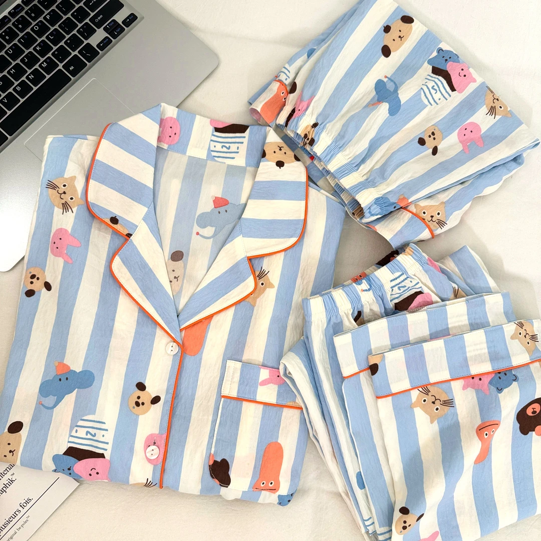 【冰淇淋】夏季睡衣女云朵绵短袖三件套可爱卡通ins时尚家居服套装