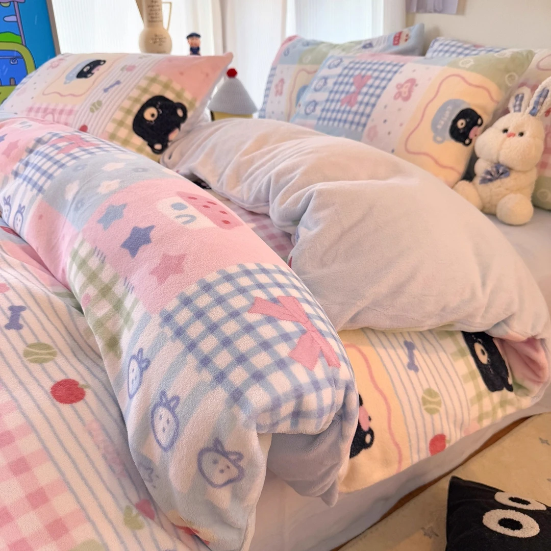 ins卡通牛奶绒床上四件套加厚保暖秋冬床品珊瑚绒被套床单三件套4