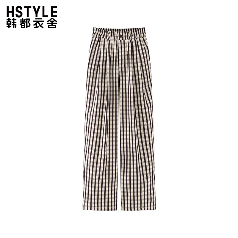 韩都衣舍松紧高腰竖条纹简约直筒休闲裤女宽松百搭长裤子春季新款