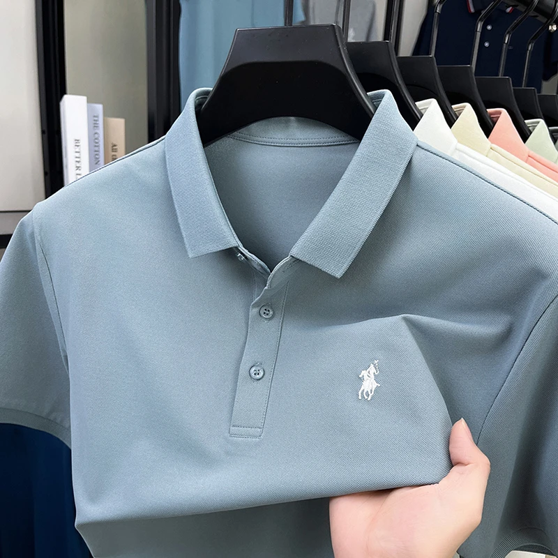 2025夏季新款桑蚕丝短袖t恤男士休闲百搭宽松翻领体恤刺绣polo衫