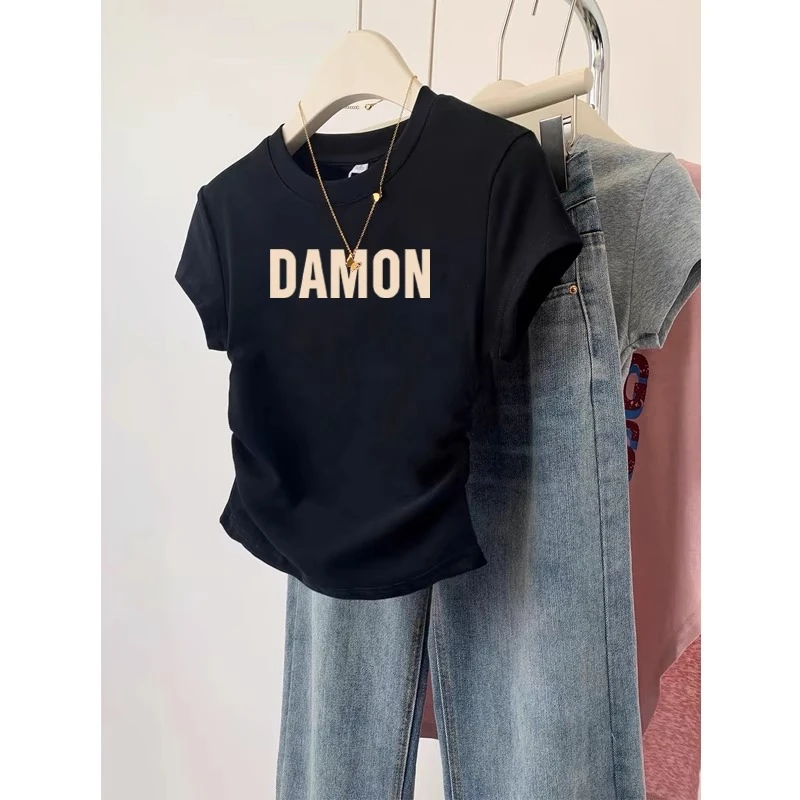 女生短袖T恤夏季修身感时尚小众圆领少女不规则上衣纯欲藏肉