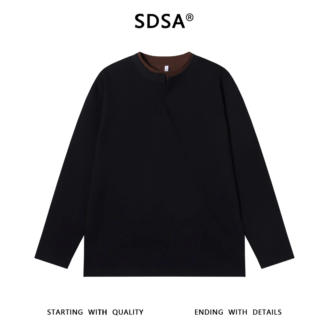 SDSA男士秋冬新款痞帅男装韩版撞色假两件长袖T恤半纽扣设计宽松