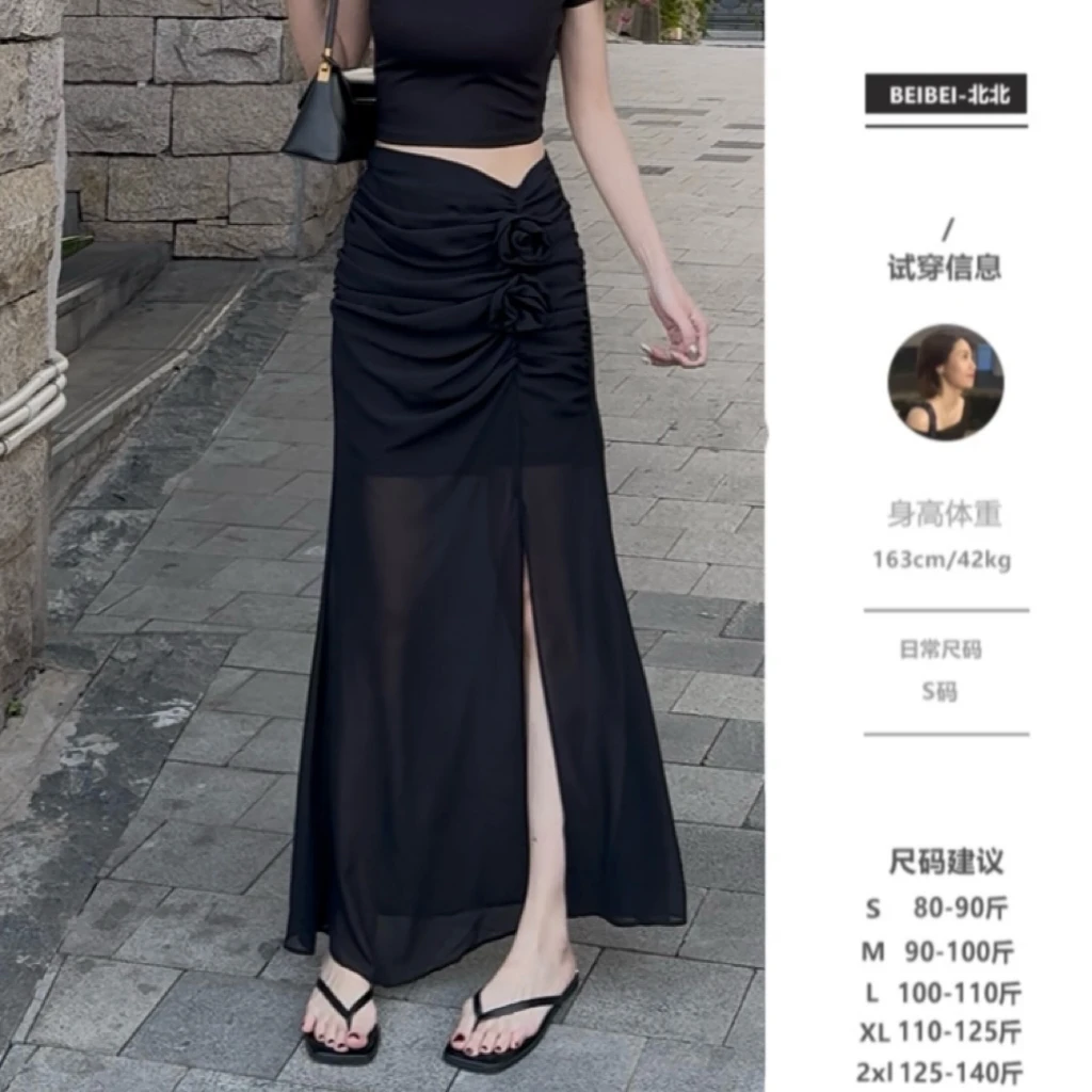 【北北】2025新款法式显瘦网纱半身裙女高级感气质百搭开叉长裙女