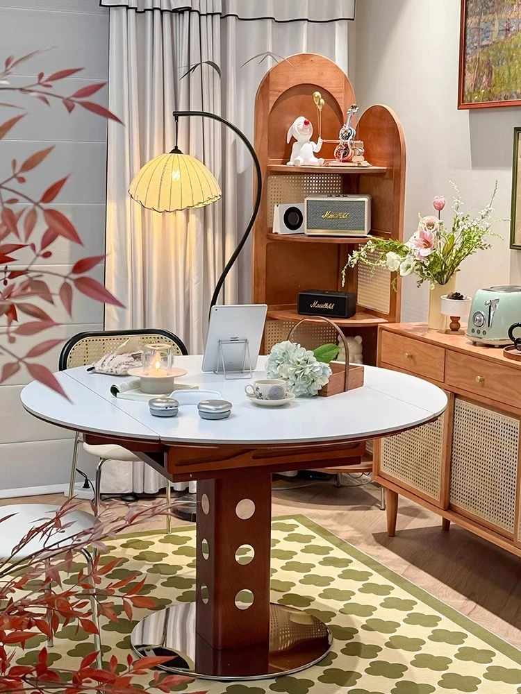 中古风圆桌复古风圆形餐桌包豪斯实木岩板小户型可方可圆功能桌椅