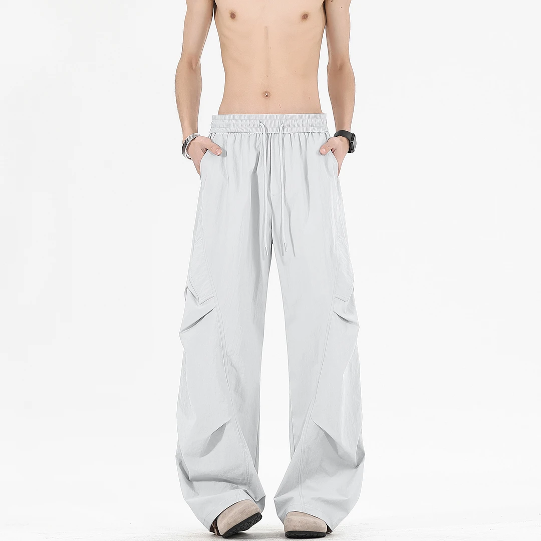 夏季新款冰丝速干薄款伞兵工装裤冲锋裤宽松潮流褶皱男直筒休闲裤