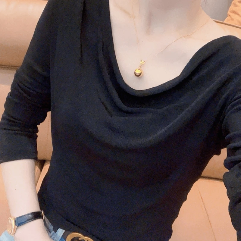 秋冬季2025新款荡领长袖T恤女设计感修身显瘦减龄洋气打底衫上衣
