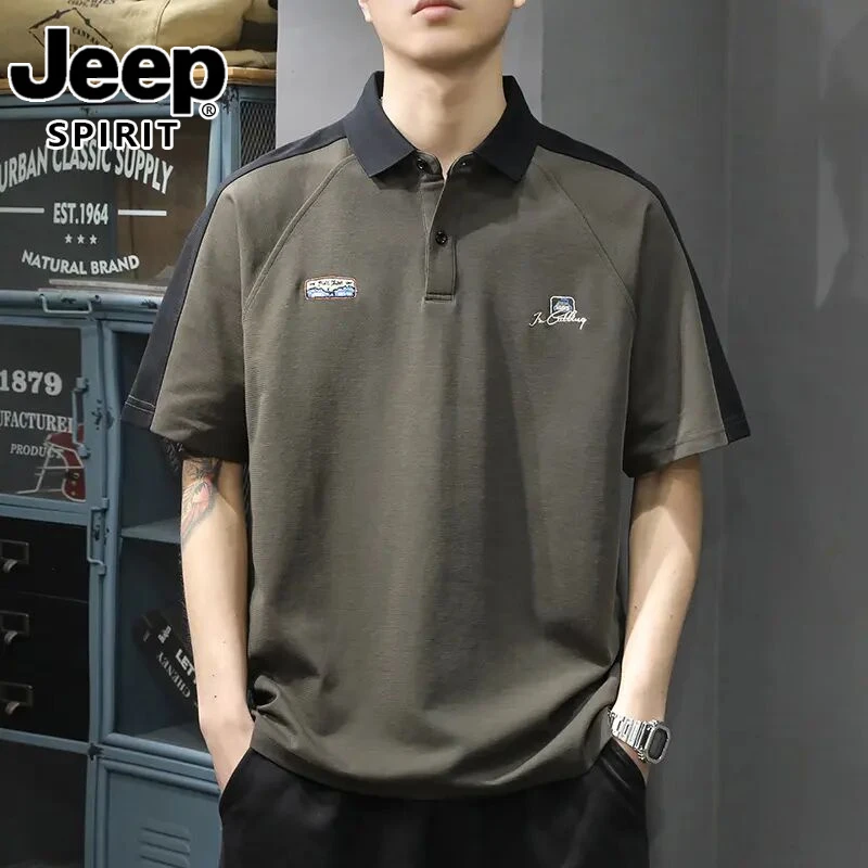jeep吉普夏季翻领男士短袖POLO衫潮流拼接半袖体恤美式刺绣保罗衫