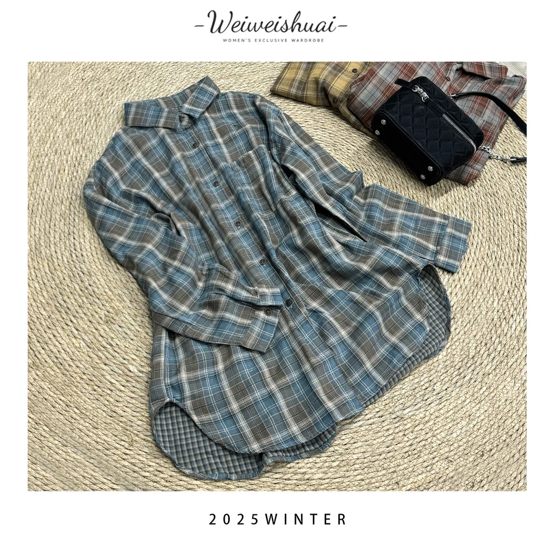【广州薇姐】秋季气质文艺时尚百搭格纹长袖衬衫3165