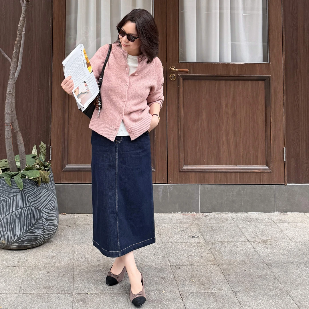 Ms.Qnn”都市丹宁“棉感柔软高腰后开叉显瘦A字半身裙 52P817 Q姐