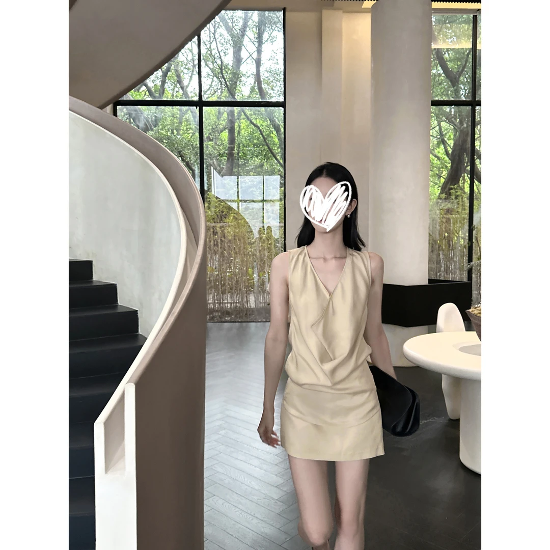 简奢气质挂 荡领无袖上衣半身裙套装气质两件套21573#