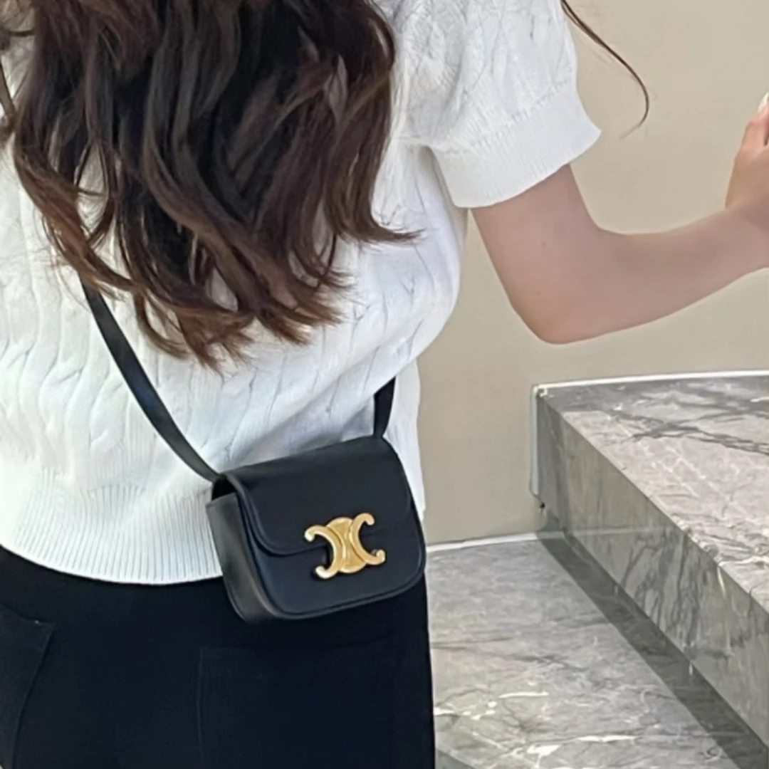 99新 Celine/思琳 凯旋门mini黑色牛皮单肩包 11*9*4/26579
