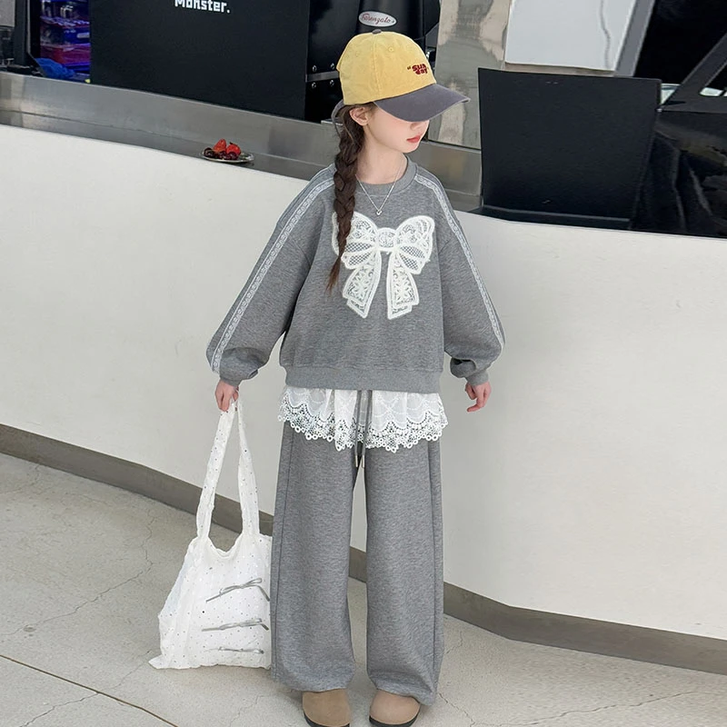女童卫衣套装春秋季2025新款女大童蕾丝上衣运动休闲裤两件套春装