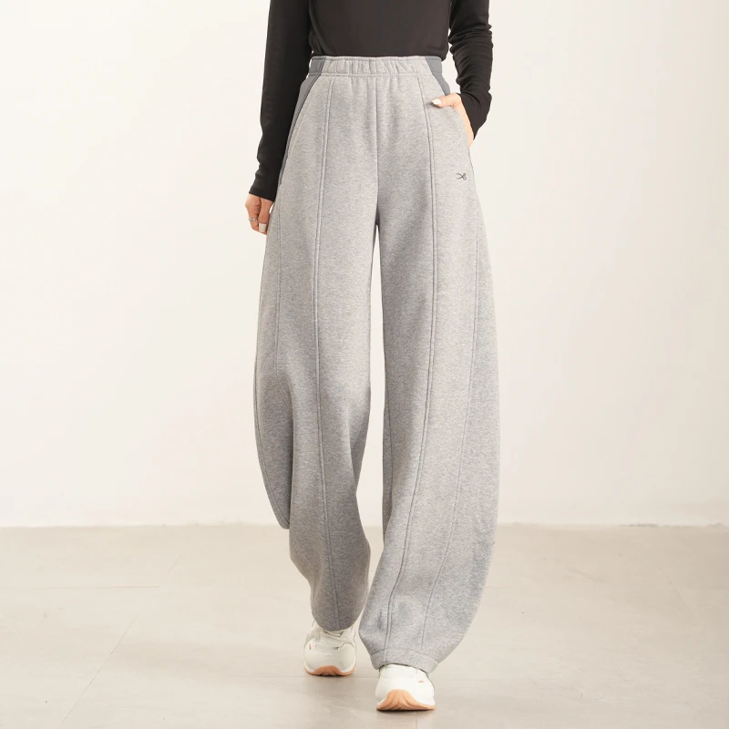 凌丹娜加厚加绒高克重麻灰弯刀阔腿卫裤高腰拼接绵羊毛休闲镰刀裤