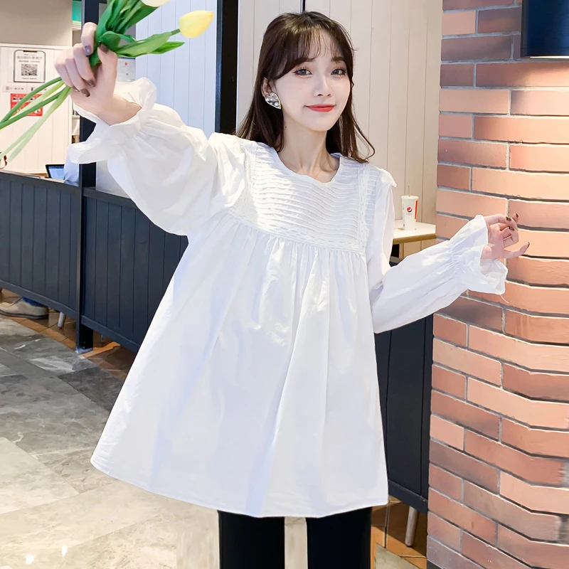 【伊伊】孕妇装春装新款圆领褶皱木耳边宽松大码时尚百搭甜美衬衫