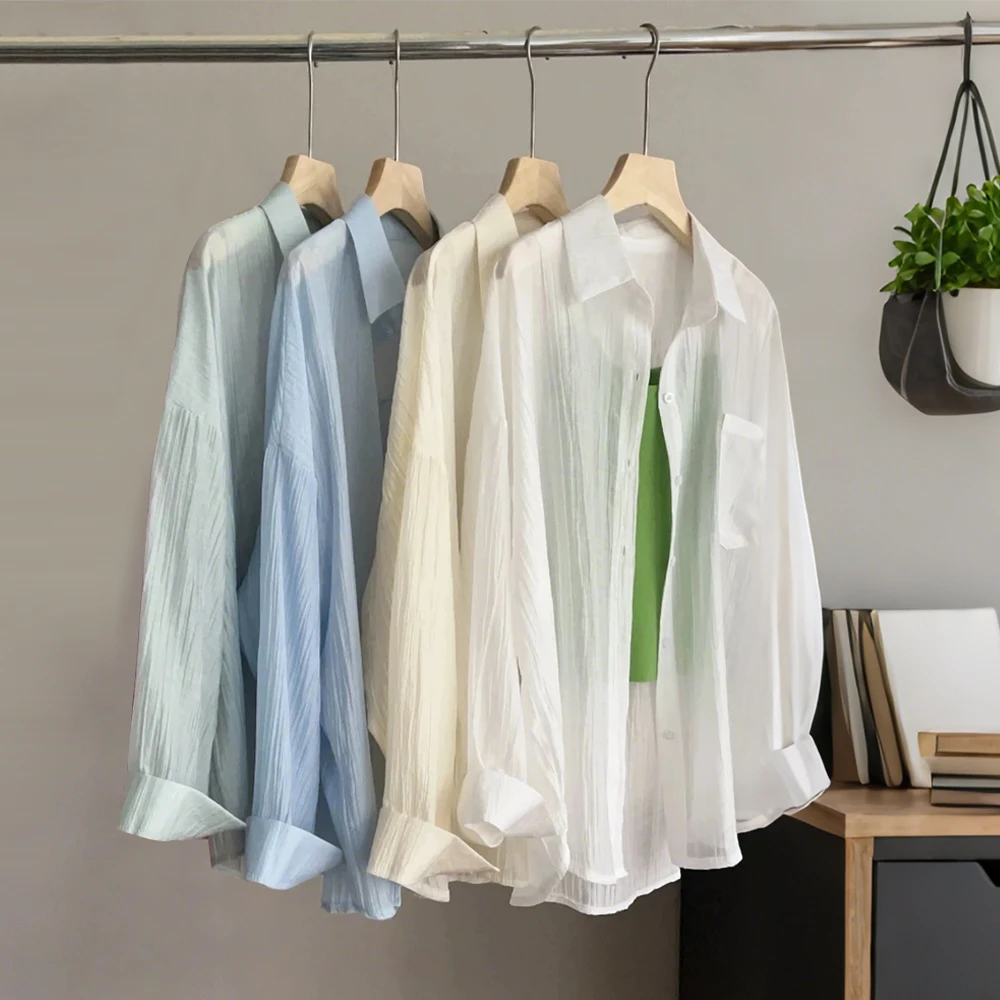 夏季薄款宽松透气开衫衬衣女拼接休闲百搭新款凉感长袖衬衫9188