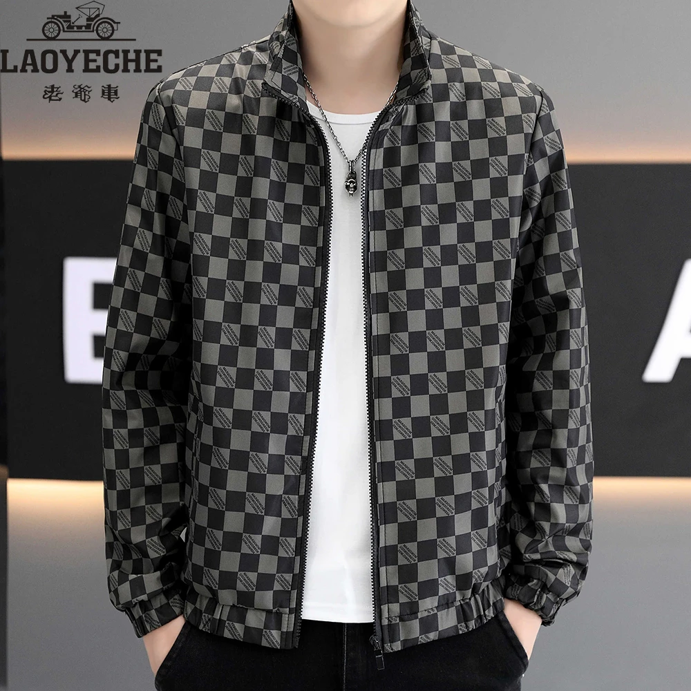 老爷车几何立领男直下摆夹克外套时尚春秋季百搭长袖春季格子修身