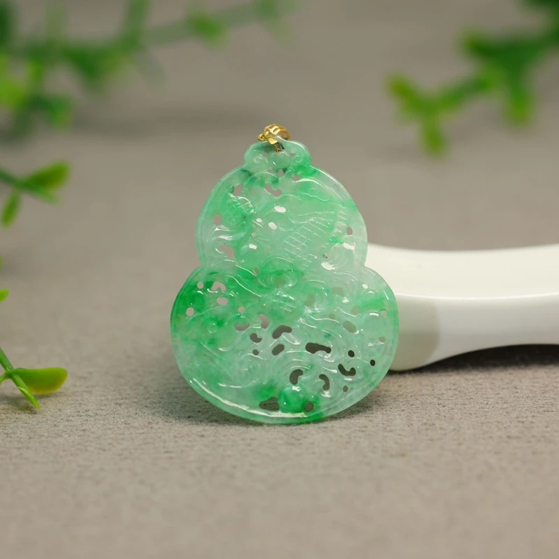 #J634 18K金镶嵌冰种阳绿缅甸天然A货翡翠镂空雕花葫芦吊坠挂坠