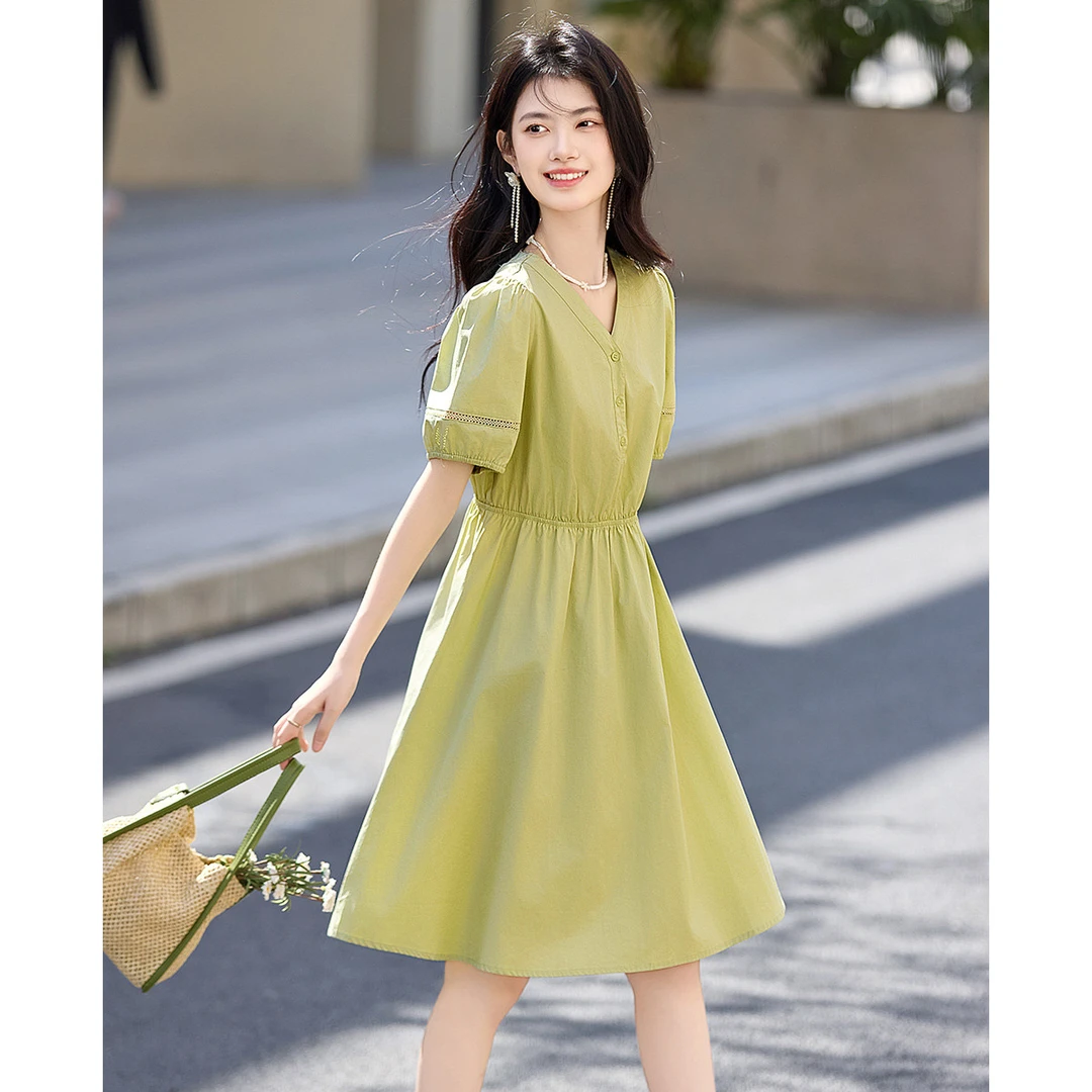 尚静小个子小清新香草绿连衣裙2025夏季新款V领高腰中长裙纯棉