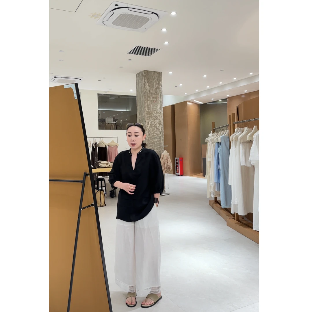 揪揪自留！100亚麻松紧腰高腰阔腿休闲裤（MH258830#）棉花糖