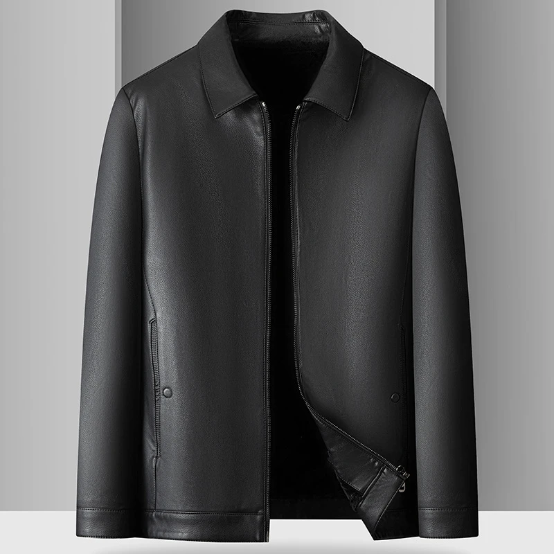 2024年冬季新款男士加肥加大码商务休闲翻领加绒皮衣立领男外套
