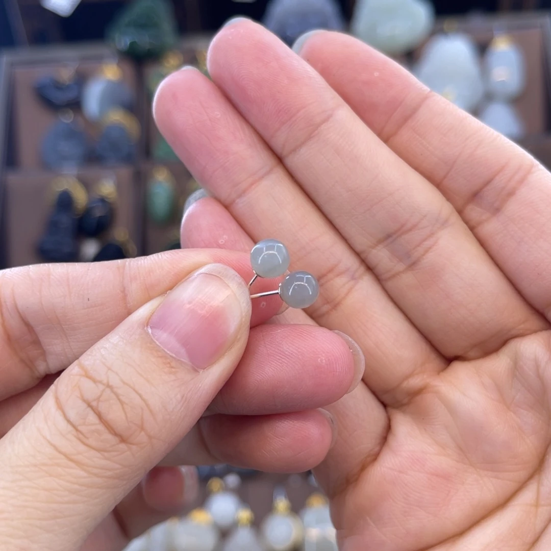 和田玉耳钉银S925镶嵌