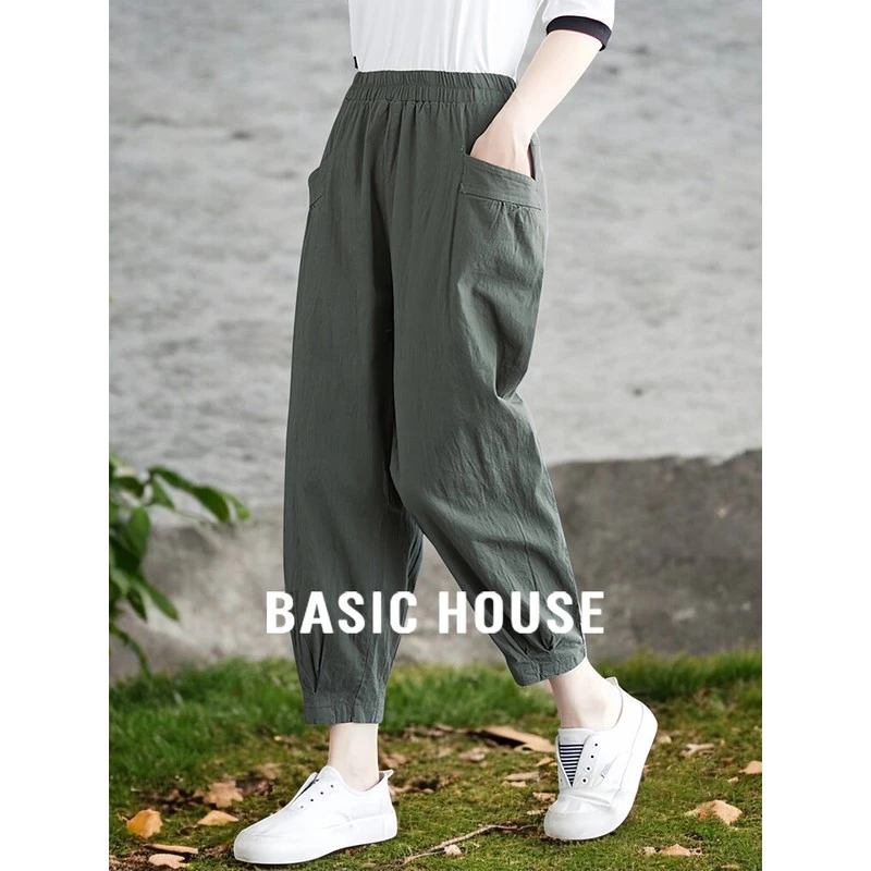 Basic House/百家好高腰束脚军绿色哈伦裤女早秋新款休闲亚麻裤子