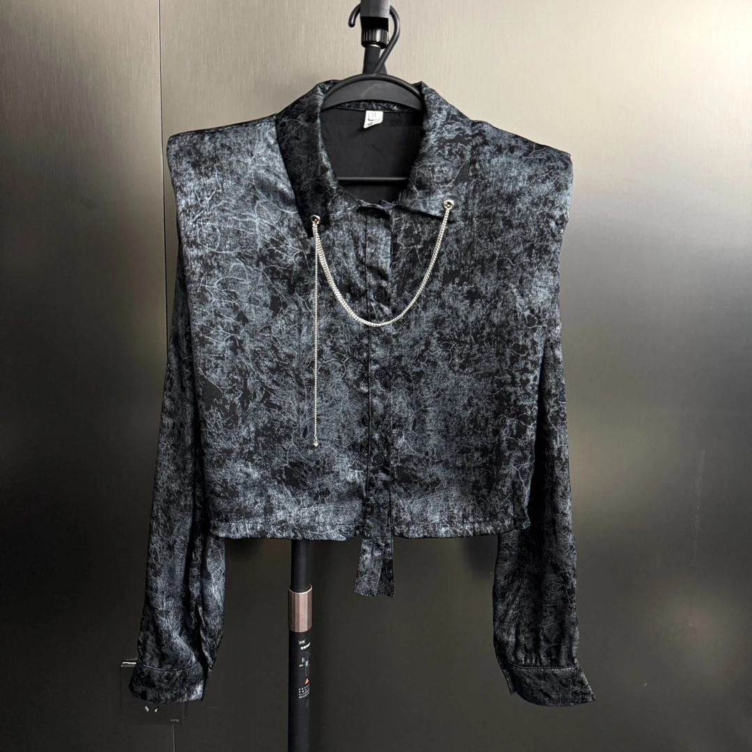 DA-J春夏新款扎染花灰色下摆不规则链条小众设计感衬衫