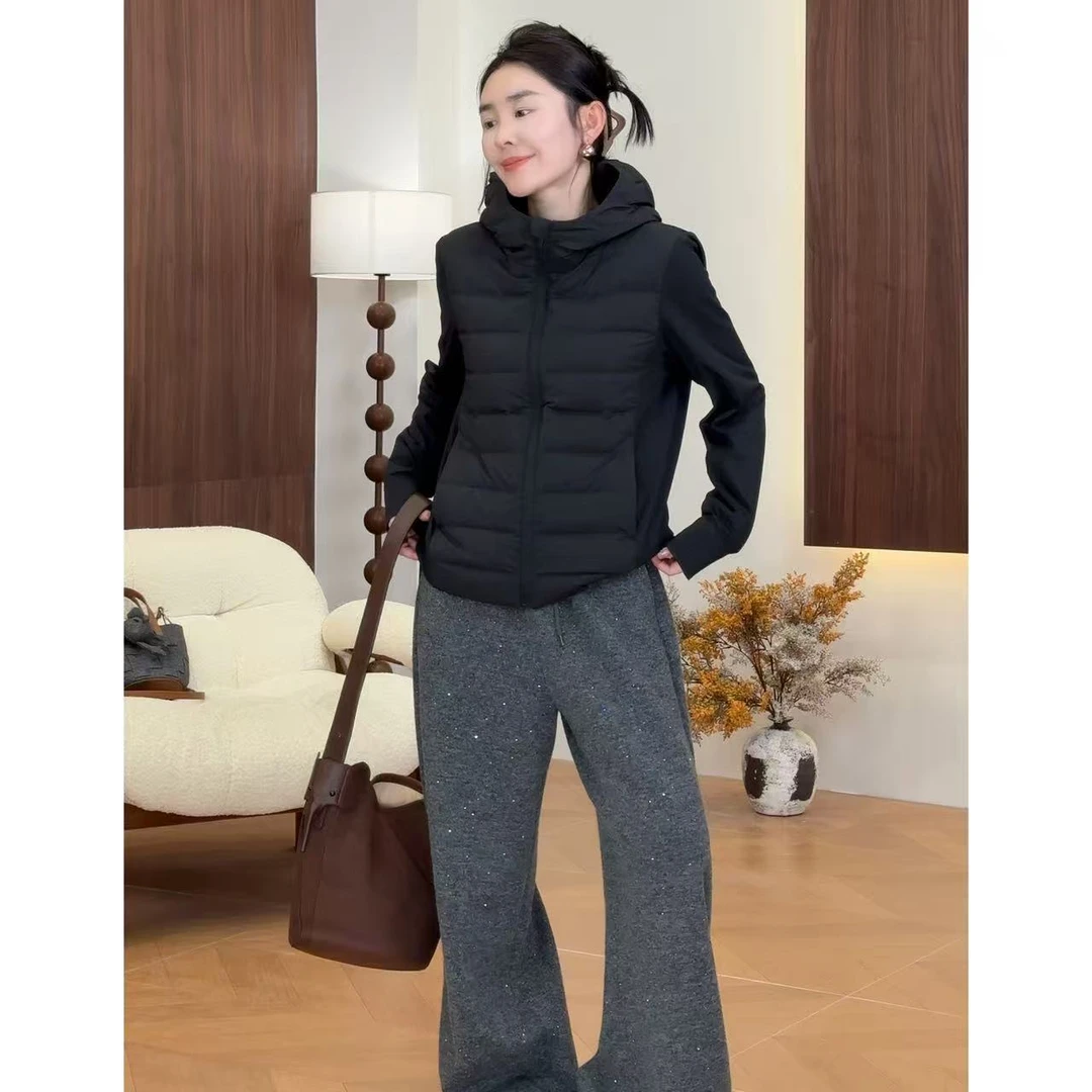 玖了个玖 2025秋冬新款修身连帽拼接羽绒服外套休闲上衣2510C6407