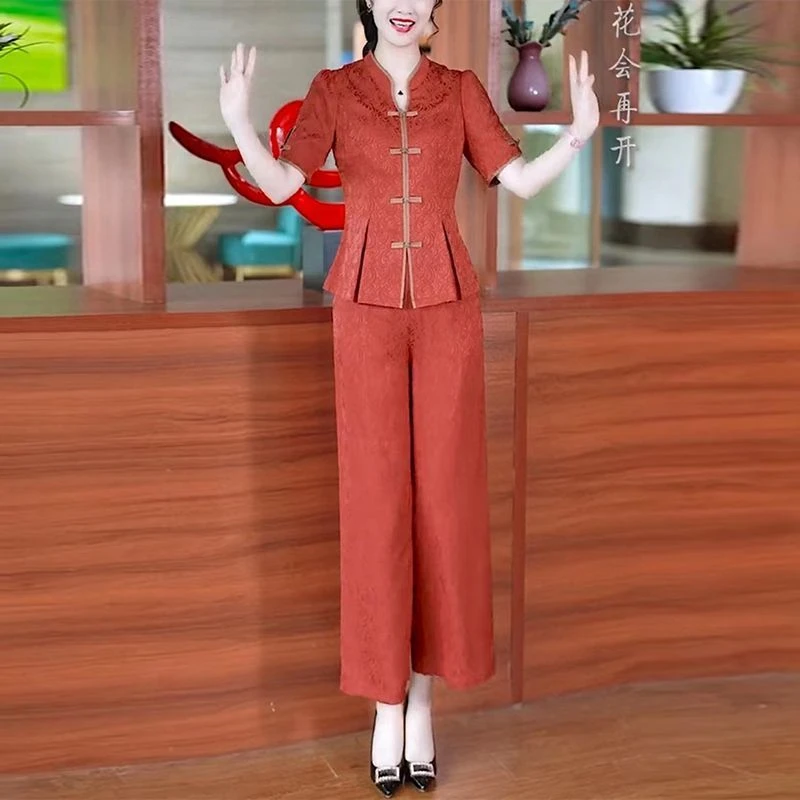 2025夏季新款中国风新中式复古盘扣时尚气质显瘦上衣阔腿裤两件套