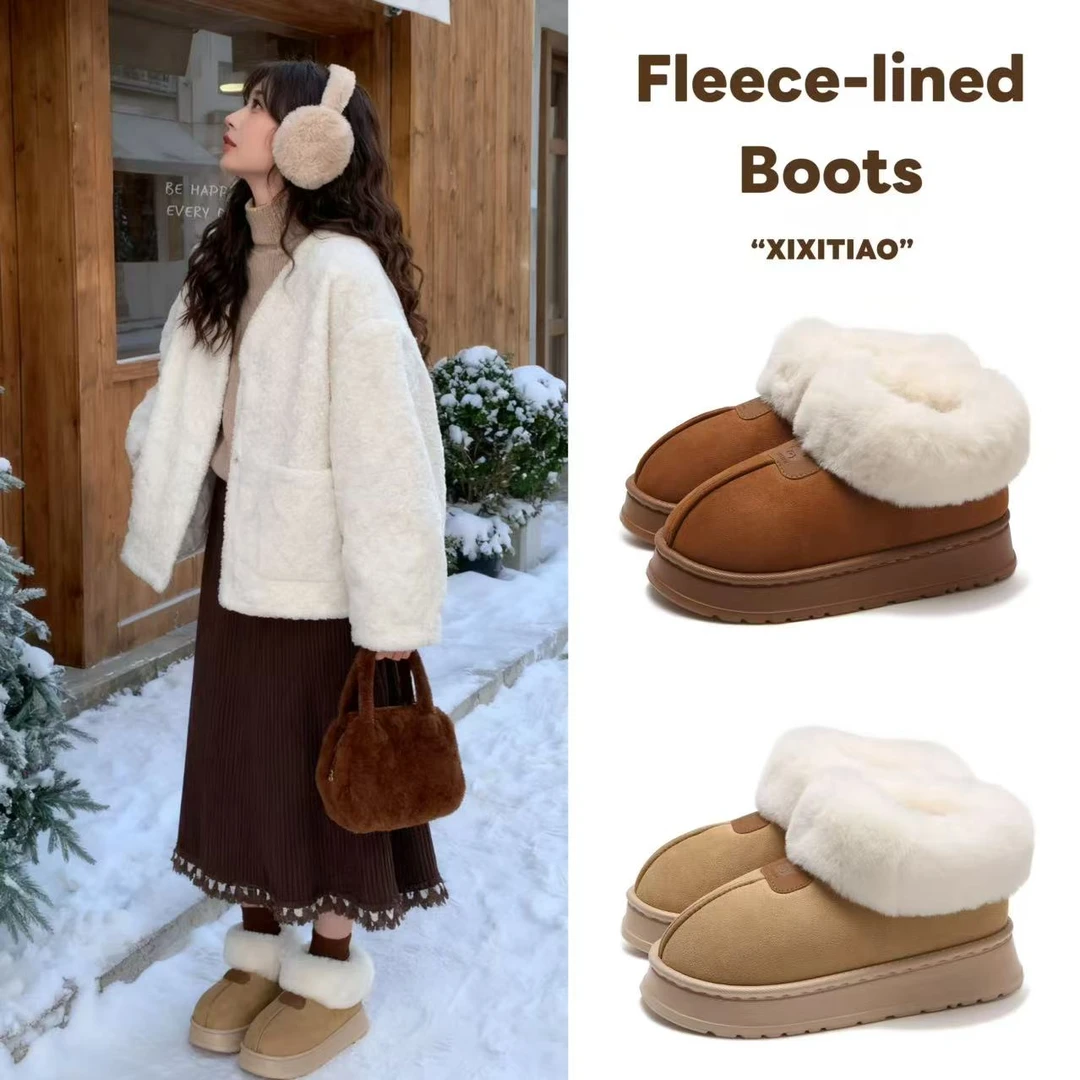 细细条 毛绒圈口雪地靴女保暖防滑加绒加厚户外棉鞋厚底面包鞋冬